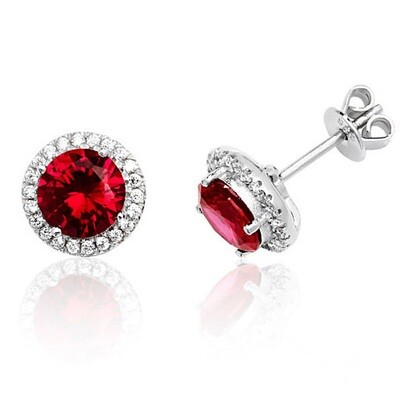 Rhodium Plated Silver Claw Set Halo Style Round Red Stud Earrings