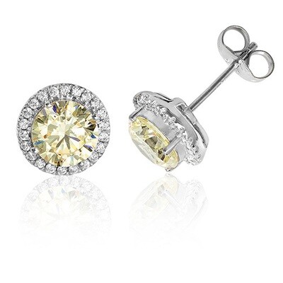 Rhodium Plated Silver Claw Set Halo Style Round Yellow Stud Earrings