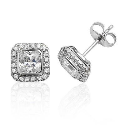 Rhodium Plated Silver Bezel Set Halo Style Square CZ Stud Earrings