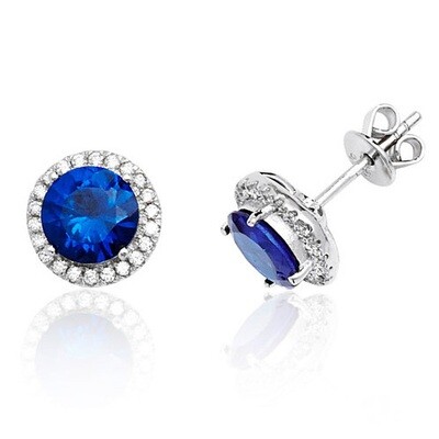 Rhodium Plated Silver Claw Set Halo Style Round Blue Stud Earrings
