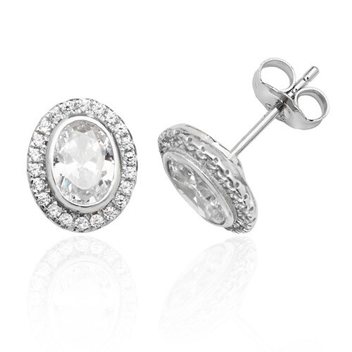 Rhodium Plated Silver Bezel Set Halo Style Oval CZ Stud Earrings