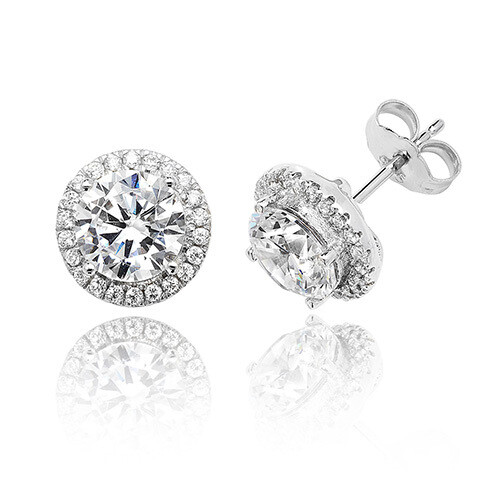 Rhodium Plated Silver Bezel Set Halo Style Round CZ Stud Earrings