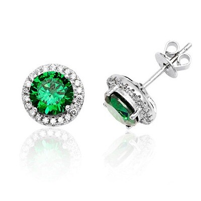 Rhodium Plated Silver Claw Set Halo Style Round Green Stud Earrings