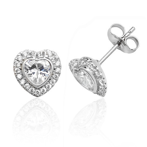 Rhodium Plated Silver Bezel Set Halo Style Heart CZ Stud Earrings