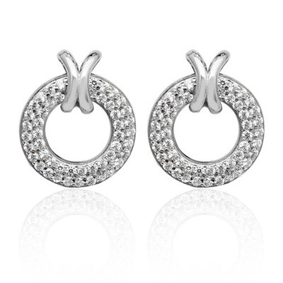 Rhodium Plated Silver Pave Style Circle with Cross Loop CZ Stud Earrings