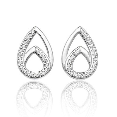 Rhodium Plated Silver Double Pear Plain/CZ Stud Earrings