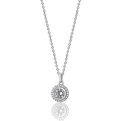 Rhodium Plated Silver Bezel Set Round Halo Style CZ Pendant & Chain