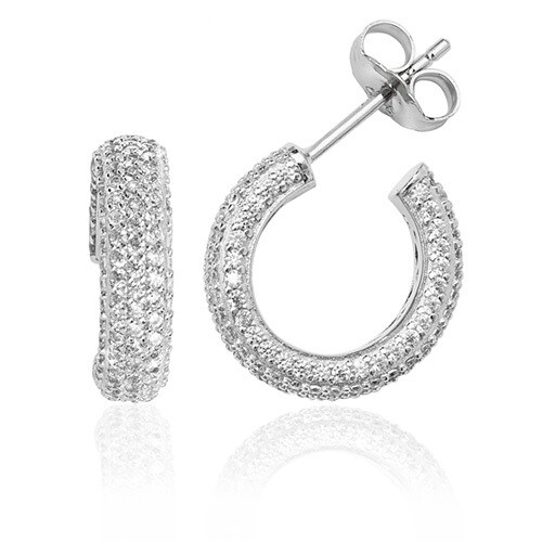 Rhodium Plated Silver Five Row Pave 3/4 CZ Hoop Earrings