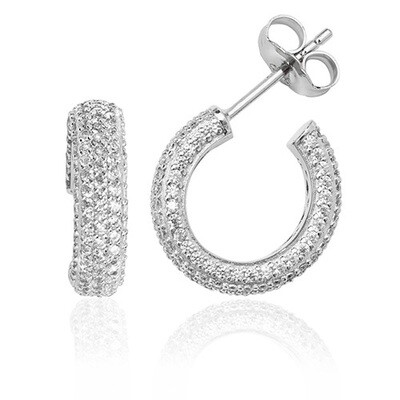 Rhodium Plated Silver Five Row Pave 3/4 CZ Hoop Earrings