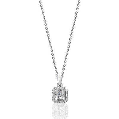 Rhodium Plated Silver Bezel Set Square Halo Style CZ Pendant & Chain