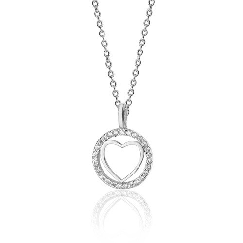 Rhodium Plated Silver Heart within Round Halo Style CZ Pendant & Chain