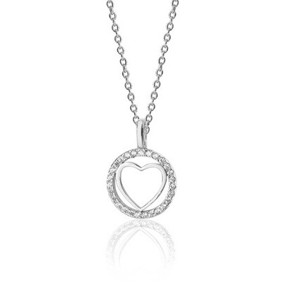 Rhodium Plated Silver Heart within Round Halo Style CZ Pendant & Chain