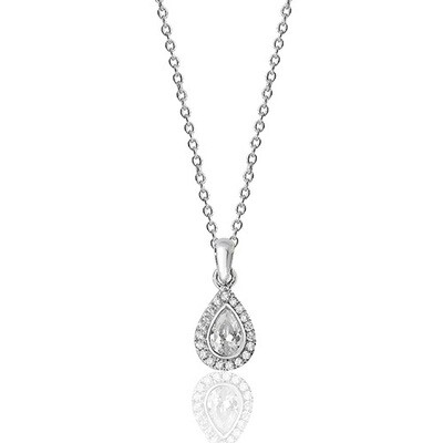 Rhodium Plated Silver Bezel Set Pear Halo Style CZ Pendant & Chain