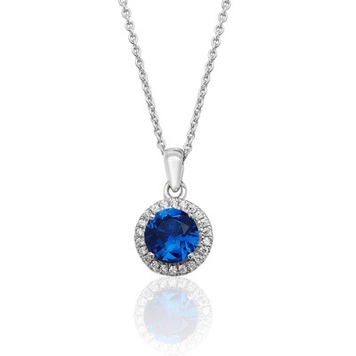 Rhodium Plated Silver Claw Set Round Halo Style Blue Pendant & Chain
