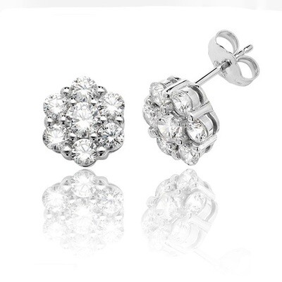 Rhodium Plated Silver Round Cluster Stud Earrings