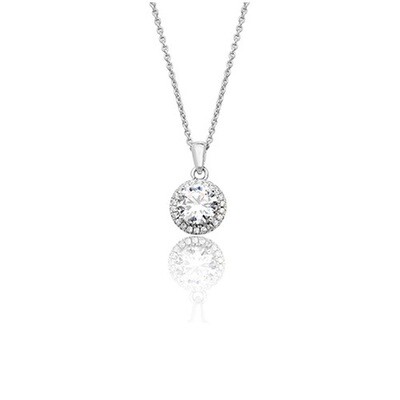 Rhodium Plated Silver Claw Set Round Halo Style CZ Pendant & Chain