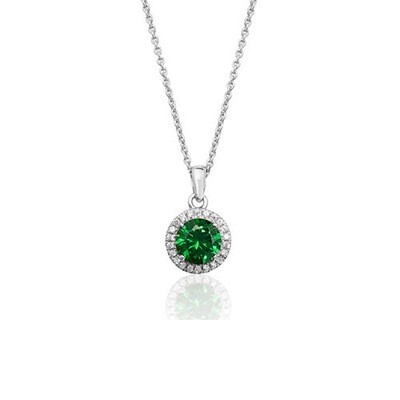 Rhodium Plated Silver Claw Set Round Halo Style Green Pendant & Chain