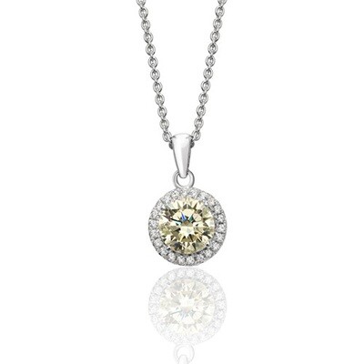 Rhodium Plated Silver Claw Set Round Halo Style Yellow Pendant & Chain