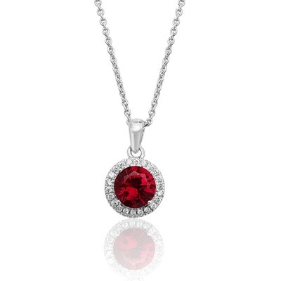 Rhodium Plated Silver Claw Set Round Halo Style Red Pendant & Chain