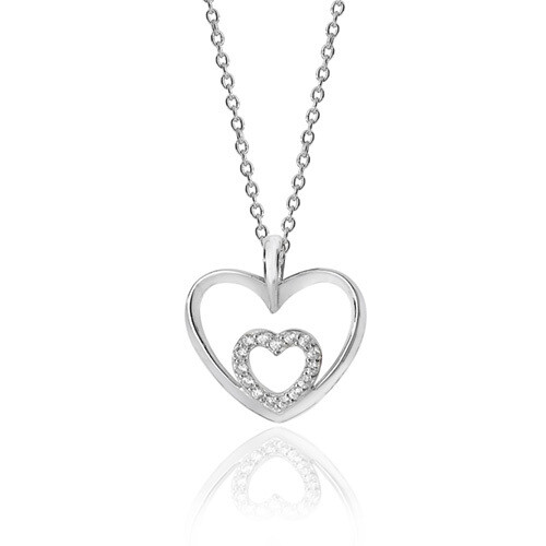 Rhodium Plated Silver Double Heart Plain / CZ Pendant & Chain