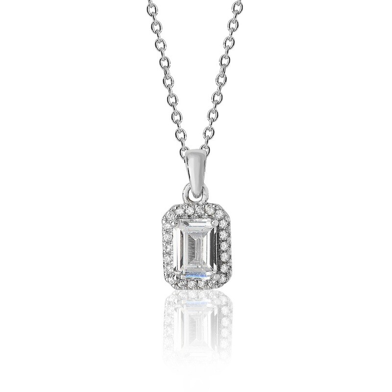 Rhodium Plated Silver Bezel Set Emerald Cut Halo Style CZ Pendant & Chain