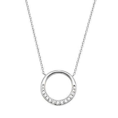 Rhodium Plated Silver Partial Set Halo Circle CZ Pendant on Fixed Chain