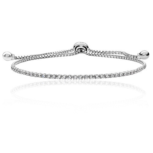 Rhodium Plated Silver Single Row Adjustable CZ Bracelet