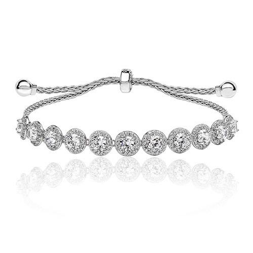 Rhodium Plated Silver Claw Set Halo Style Adjustable CZ Bracelet