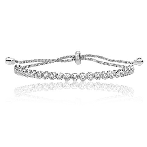 Rhodium Plated Silver Round Rub Over 2.5mm Adjustable CZ Bracelet