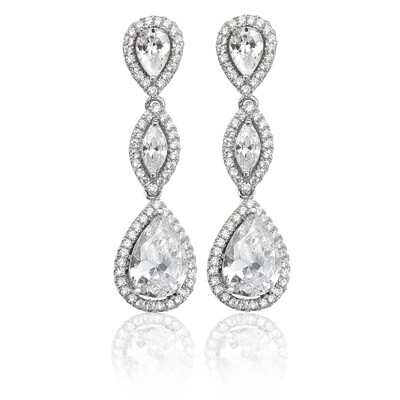 Rhodium Plated Silver Pear & Marquise Halo CZ Drop Earrings