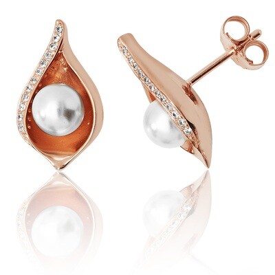 Silver Rose Gold Plated Shell Design Pearl & CZ Stud Earrings