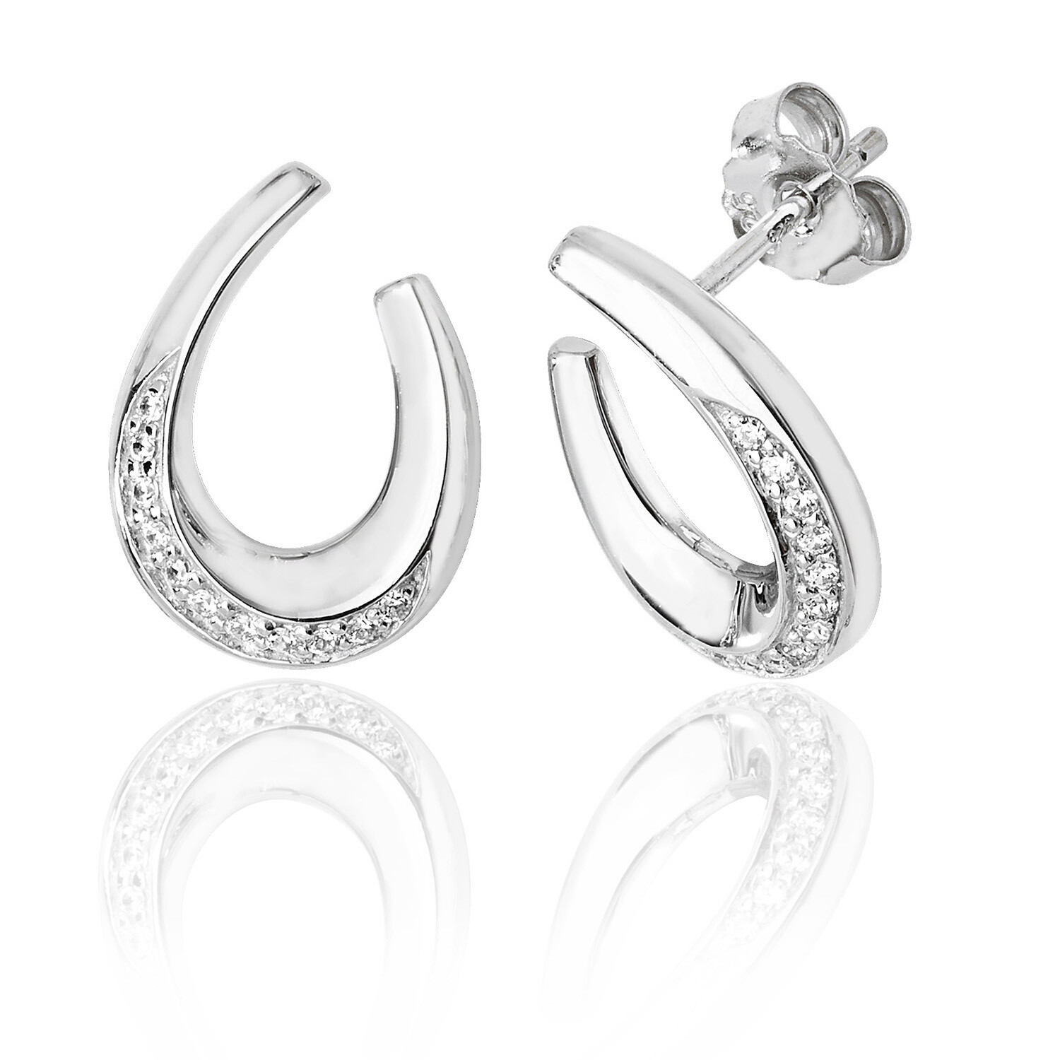 Rhodium Plated Silver U Shape CZ Detail Stud Earrings