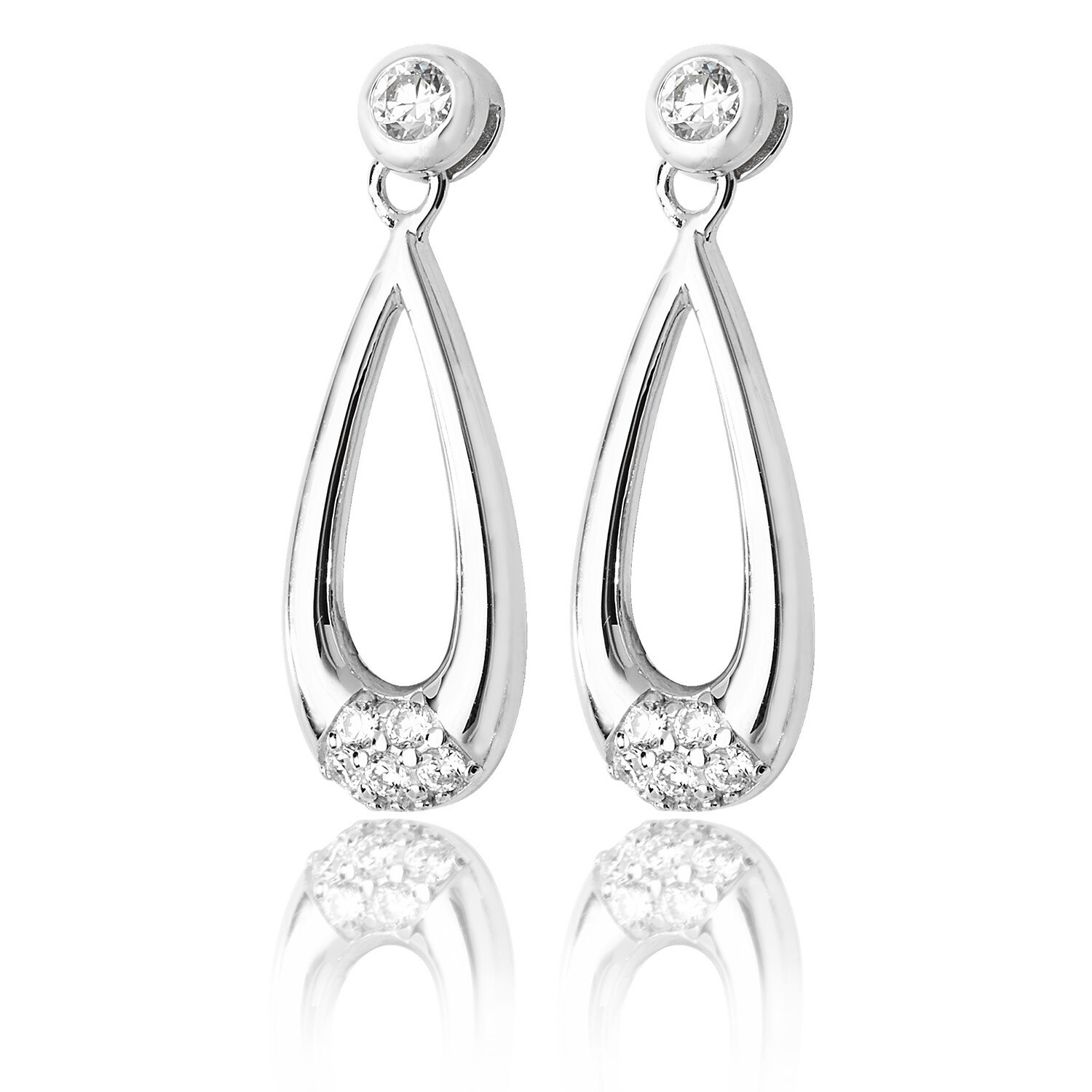 Rhodium Plated Silver Pear Shape CZ Detail Drop Earrings