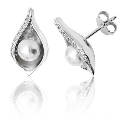 Rhodium Plated Silver Shell Design Pearl & CZ Stud Earrings