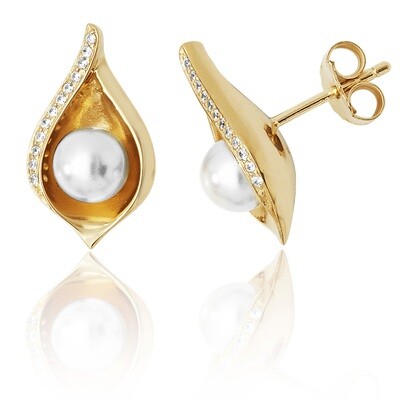 Silver Yellow Gold Plated Shell Design Pearl & CZ Stud Earrings