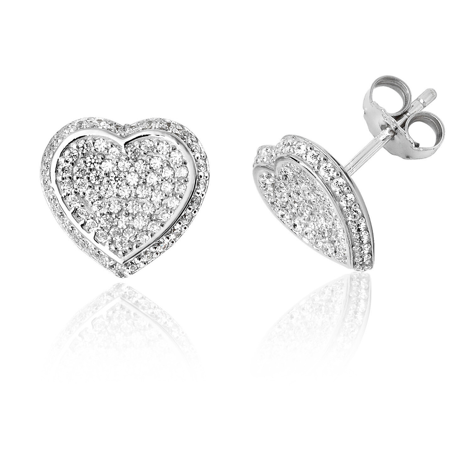 Rhodium Plated Heart Pave Set CZ Stud Earrings