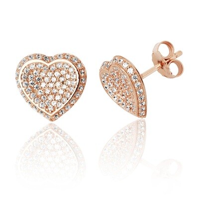 Silver Rose Gold Plated Heart Pave CZ Stud Earrings