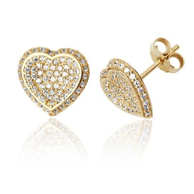 Silver Yellow Gold Plated Heart Pave CZ Stud Earrings