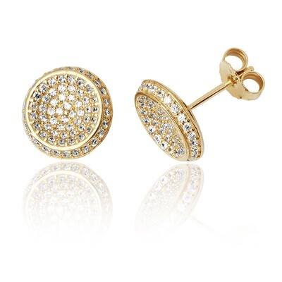 Silver Yellow Gold Plated Round Pave CZ Stud Earrings