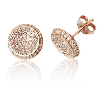 Silver Rose Gold Plated Round Pave CZ Stud Earrings