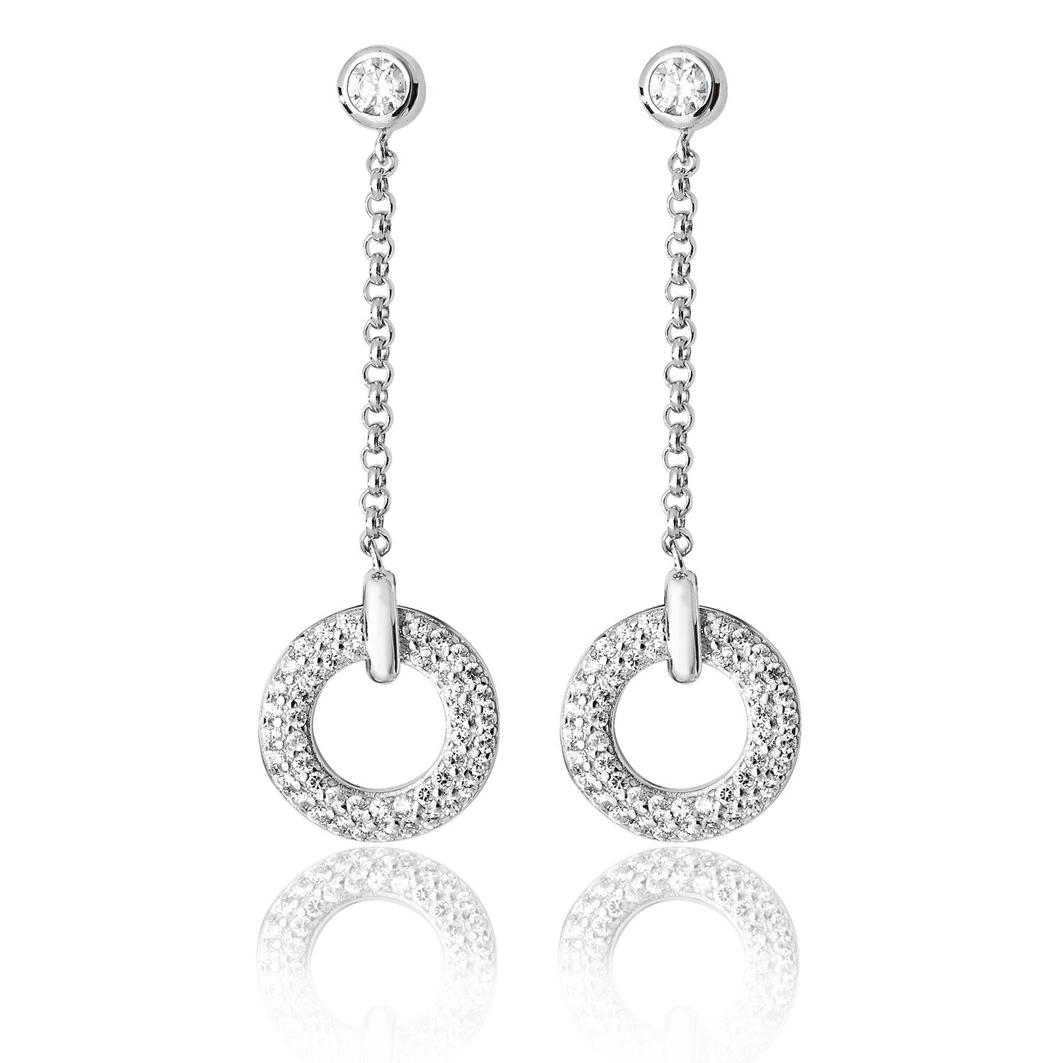 Rhodium Plated Silver Pave Circular CZ Drop Earrings