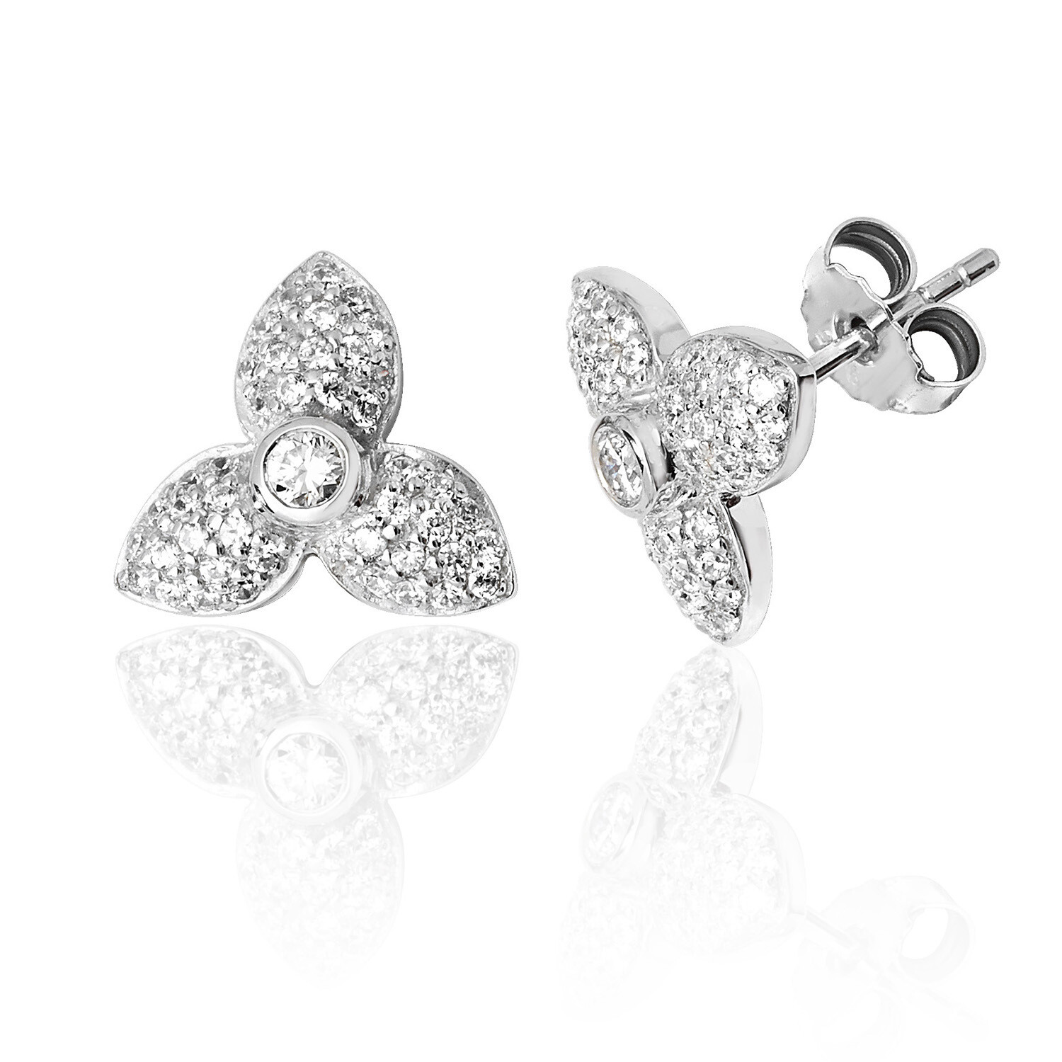 Rhodium Plated Silver Three Petal CZ Stud Earrings