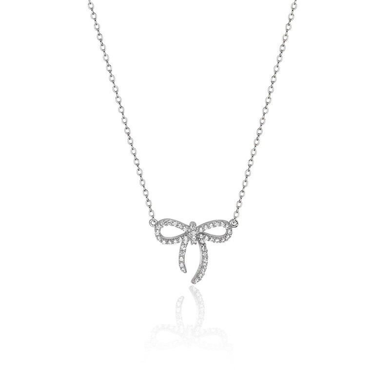 Rhodium Plated Open Bow CZ Pendant Necklet