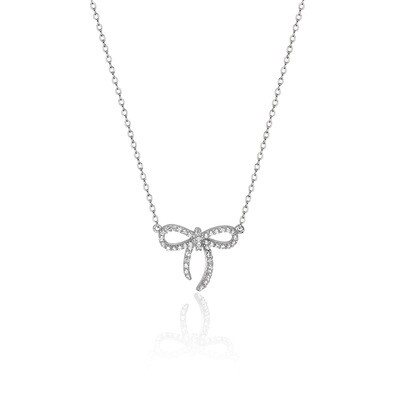 Rhodium Plated Open Bow CZ Pendant Necklet