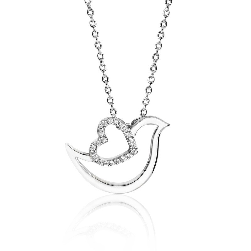 Rhodium Plated Open Dove CZ Pendant & Chain
