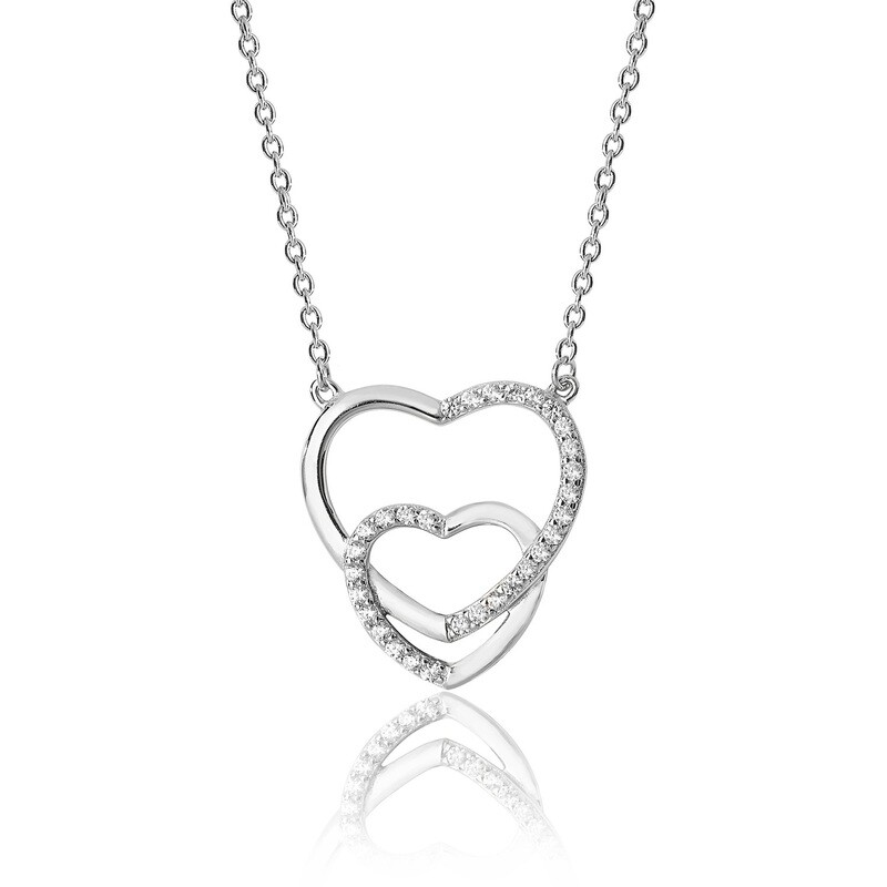 Rhodium Plated Silver  Interlinked Hearts Plain / CZ Pendant & Chain