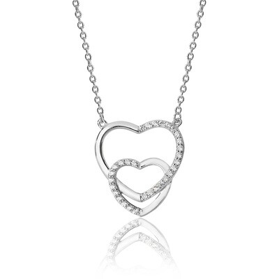 Rhodium Plated Silver Interlinked Hearts Plain / CZ Pendant & Chain