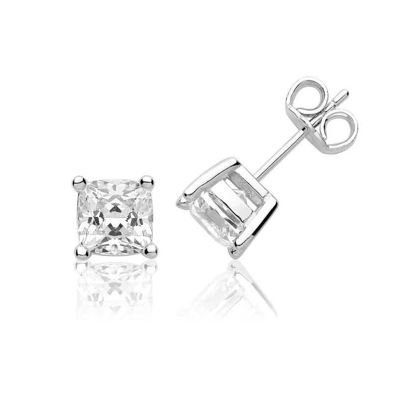 Rhodium Plated Silver 6mm Cushion Cut Swarovski CZ Stud Earrings