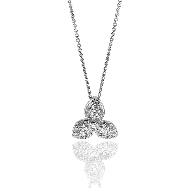 Rhodium Plated Silver Three Petal CZ Pendant & Chain