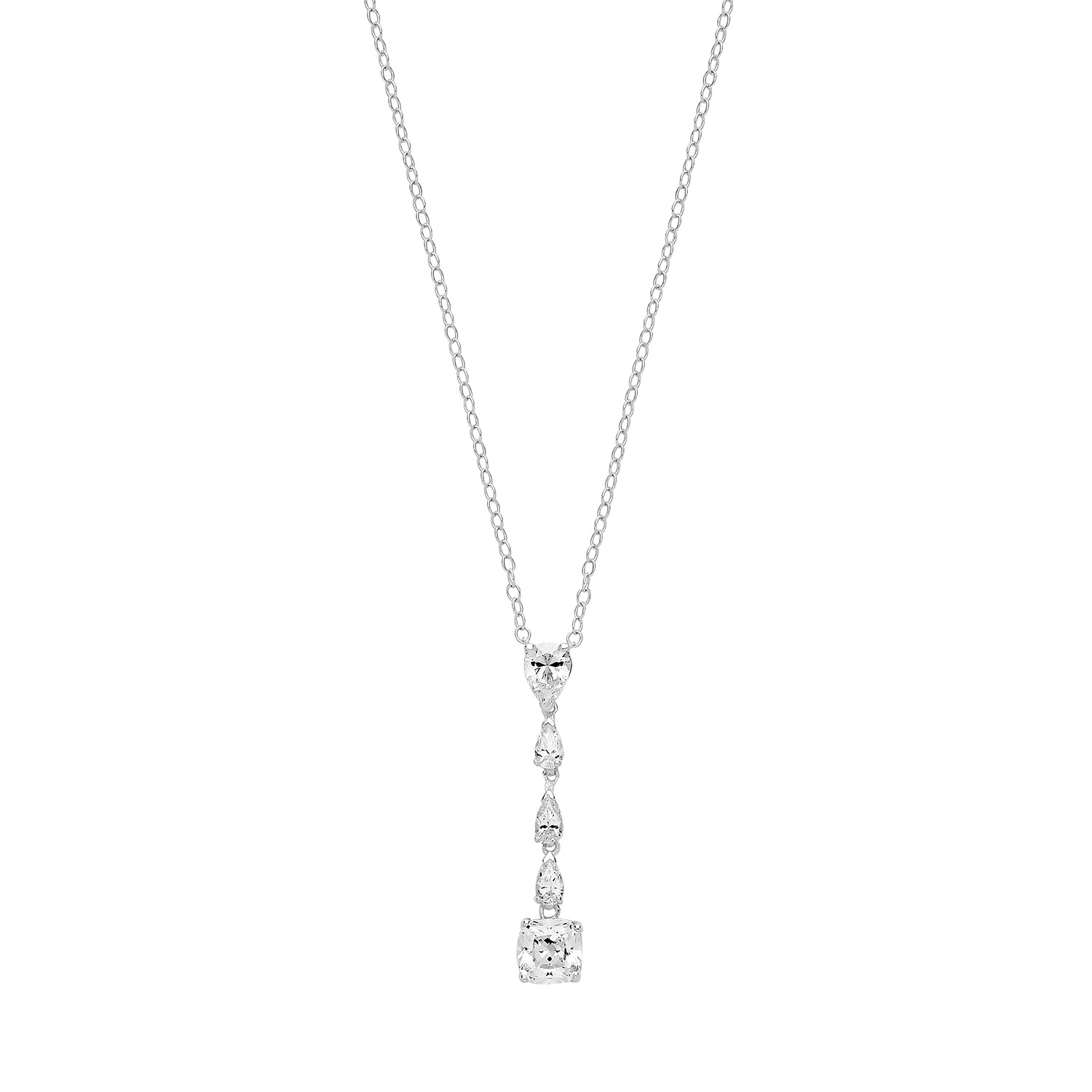 Rhodium Plated Silver Multi Pear & Cushion CZ Pendant Necklet